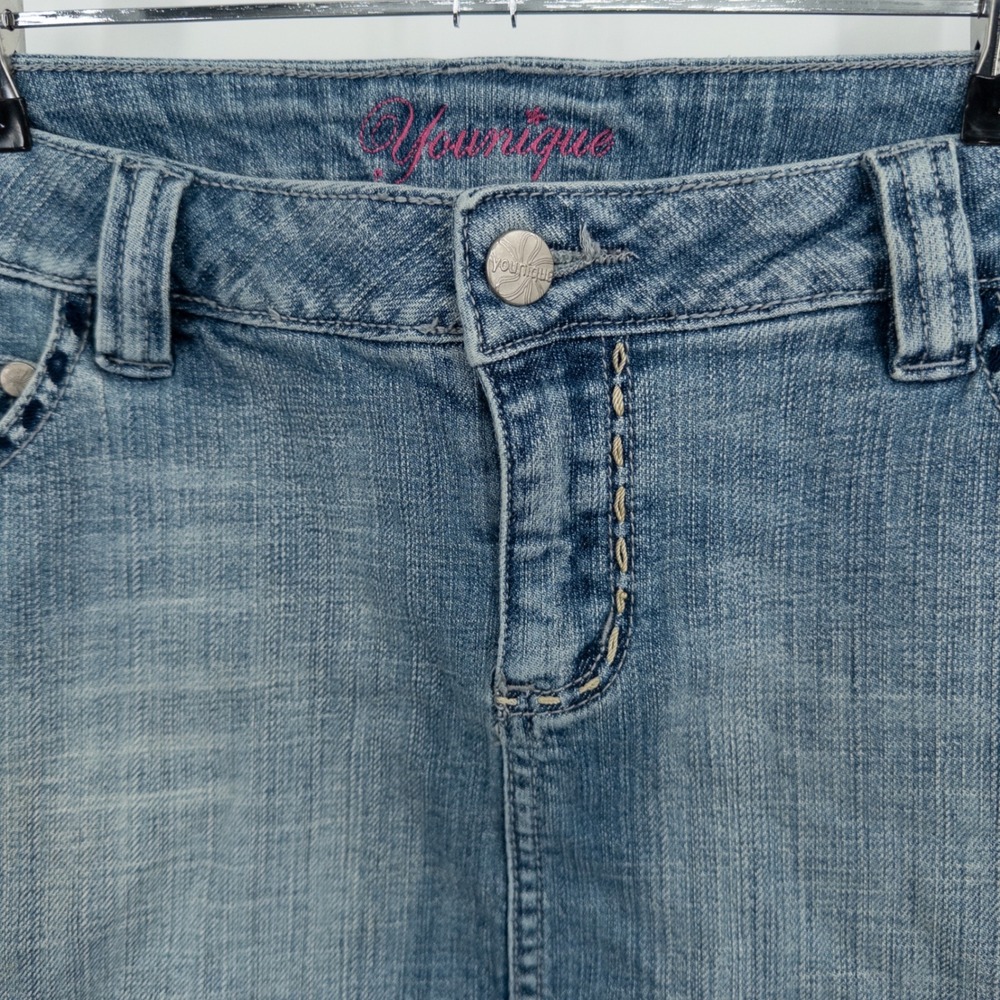 Y2K Younique Blue Denim Micro Mini Skirt Size 8 Raw Hem Low Rise Western Boho - Picture 3 of 7